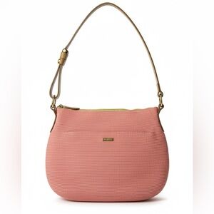 Eric Javits NY Pink Woven Raffia Straw Shoulder Bag, Leather Strap & Neon Lining